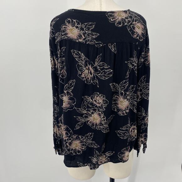 Amuse Society Floral Print Blouse Top Keyhole Tie Neckline Black Light Pink S - Picture 5 of 8